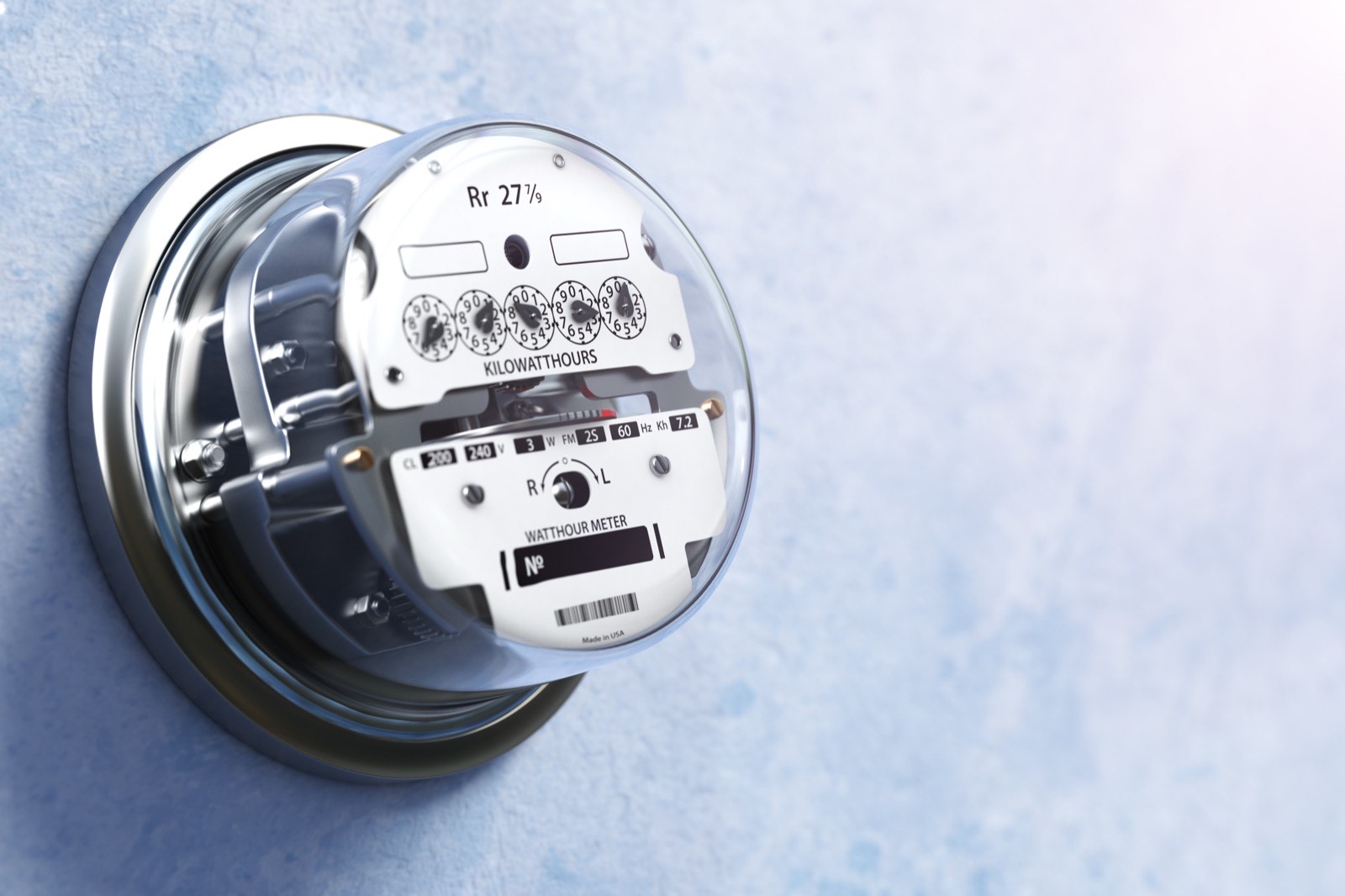 A round electric meter mounted on a wall.